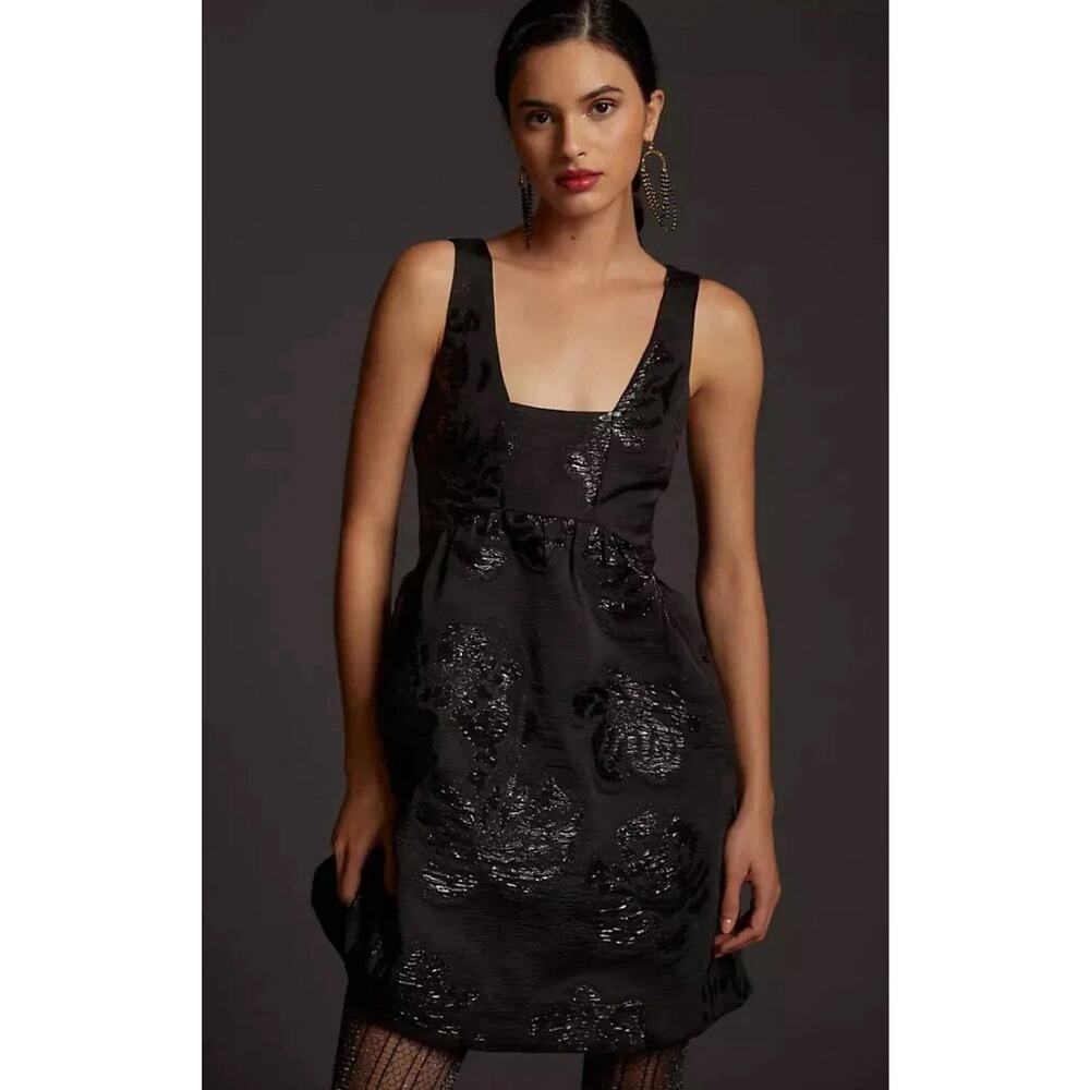 Anthropologie x Maeve Women's Black Jacquard Mini Cocktail Party Dress Pockets 2